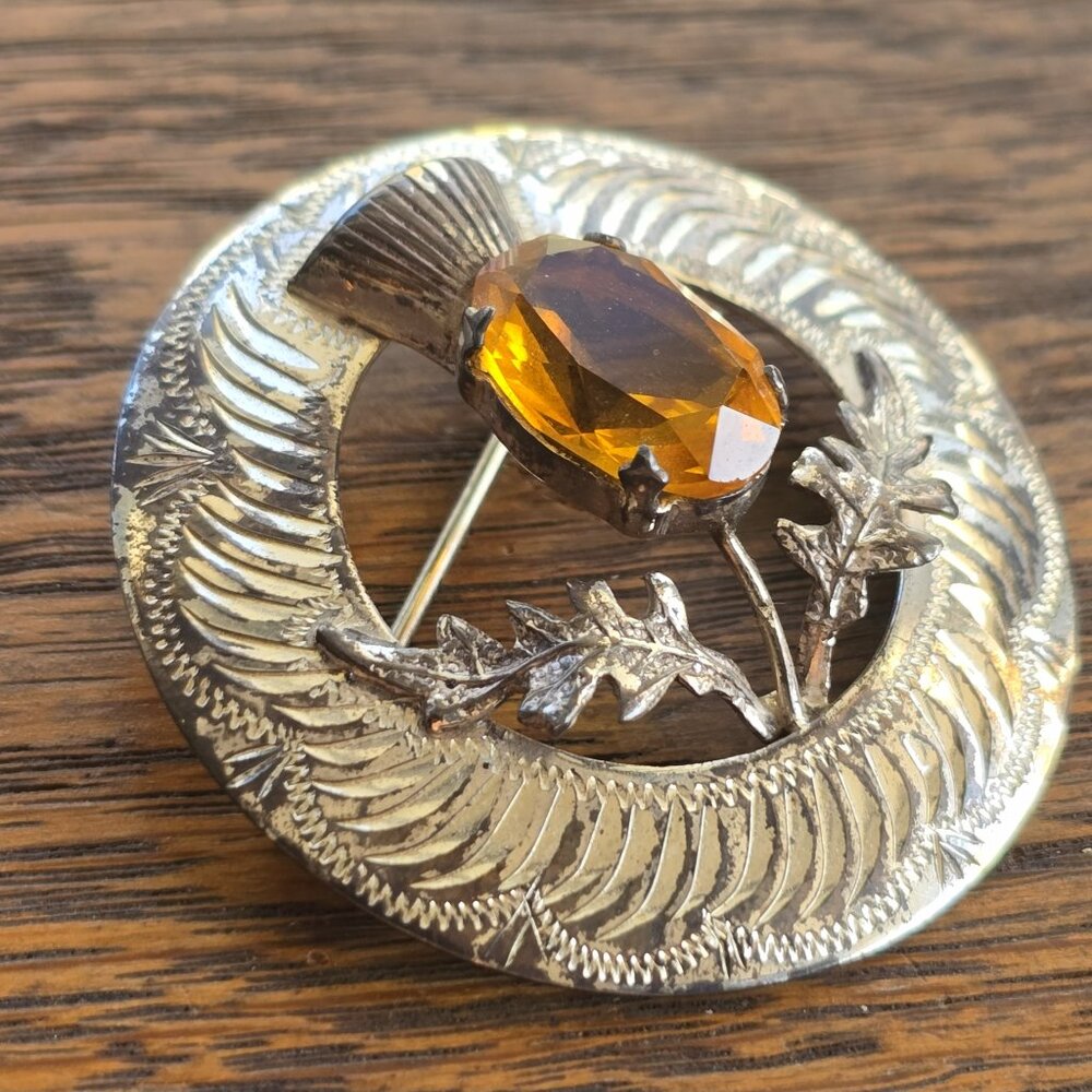 Antique 1917 Ward Brothers 925 Silver Thistle brooch w/ faceted citrine stone